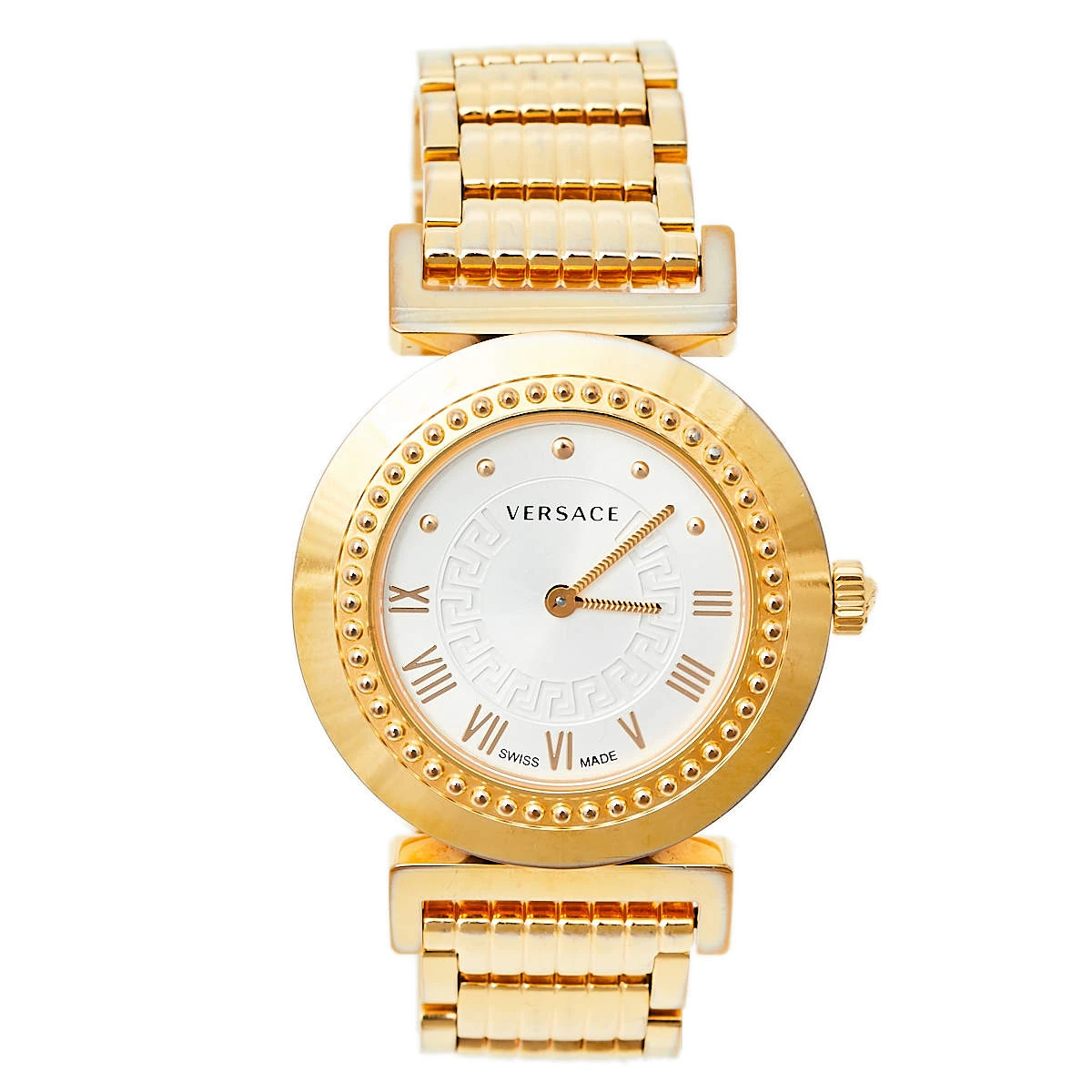 Versace Opaline White Yellow Gold Tone Stainless Steel Vanity P5Q Women's Wristwatch 35 Mm For Women 1 Versace Opaline White Yellow Gold Tone Stainless Steel Vanity P5Q Women's Wristwatch 35 Mm For Women
