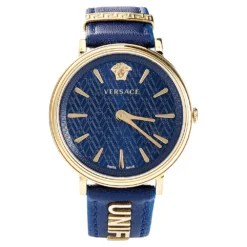 Versace Blue Gold Plated Stainless Steel Leather V-Circle VBP09 0017 Women's Wristwatch 38 Mm For Women