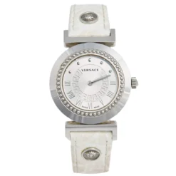 Versace Silver White Stainless Steel Leather Vanity P5Q Women's Wristwatch 35 Mm For Women