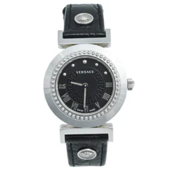 Versace Black Stainless Steel Leather Vanity P5Q Women's Wristwatch 35 Mm For Women