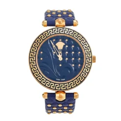 Versace Blue Rose Gold Plated Stainless Steel Leather Vanitas VK7 Women's Wristwatch 40 Mm For Women
