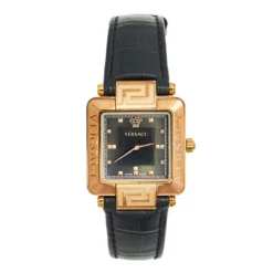 Versace Black Rose Gold Plated Stainless Steel Leather Reve Carre 88Q Women's Wristwatch 30 Mm For Women