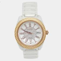 Versace Mother Of Pearl Diamond Rose Gold Plated Stainless Steel Ceramic DV One 01AC Women's Wristwatch 41 Mm For Women