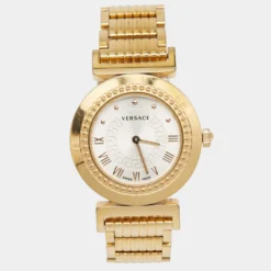 Versace Silver Rose Gold Plated Stainless Steel Vanity P5Q Women's Wristwatch 35 Mm For Women