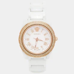 Versace White Mother Of Pearl Ceramic Diamond DV One 63QCP11 Women's Wristwatch 35 Mm For Women